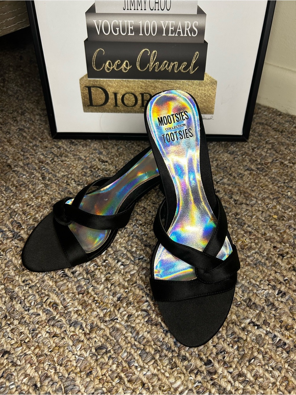 Mootsies Tootsies Black Satin Slides with Iridescent Footbed